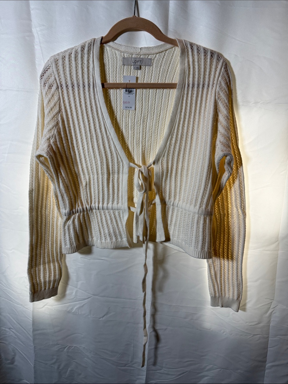 LOFT Cream Ribbed Tie-Front Cardigan